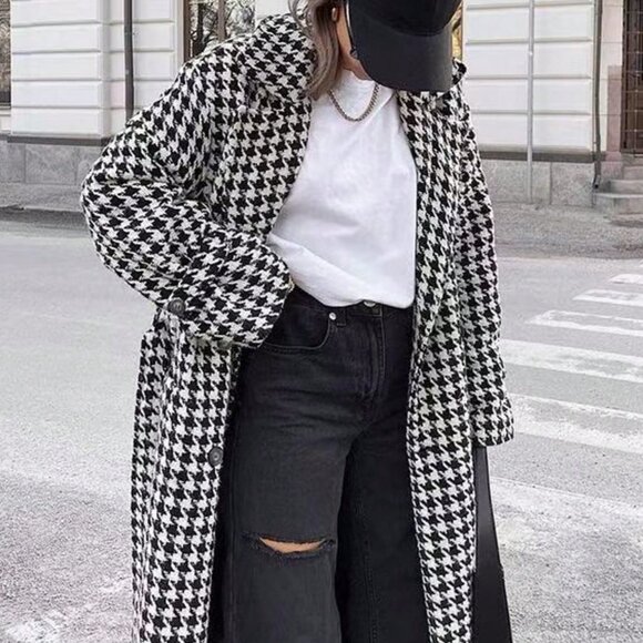 Black And White Elegant Women's houndstooth belted long Coat jacket - Picture 6 of 6